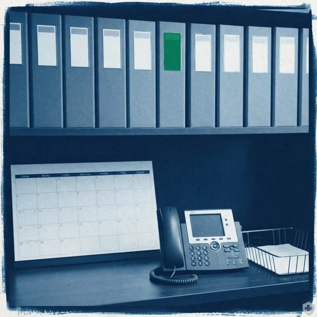 Cyanotype of a compliance officer's office with a blank wall calendar, binder shelf and desk phone