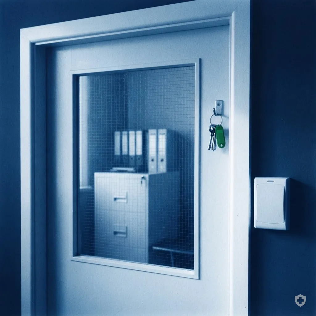 Cyanotype of a locked records-room door with a badge reader and a filing cabinet behind glass