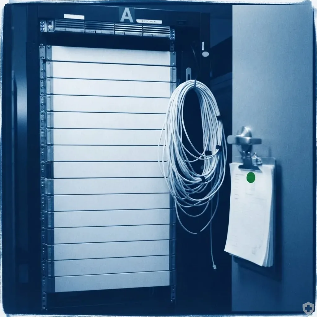 Cyanotype of an open server closet with a rack, coiled cables and a clipboard on the door