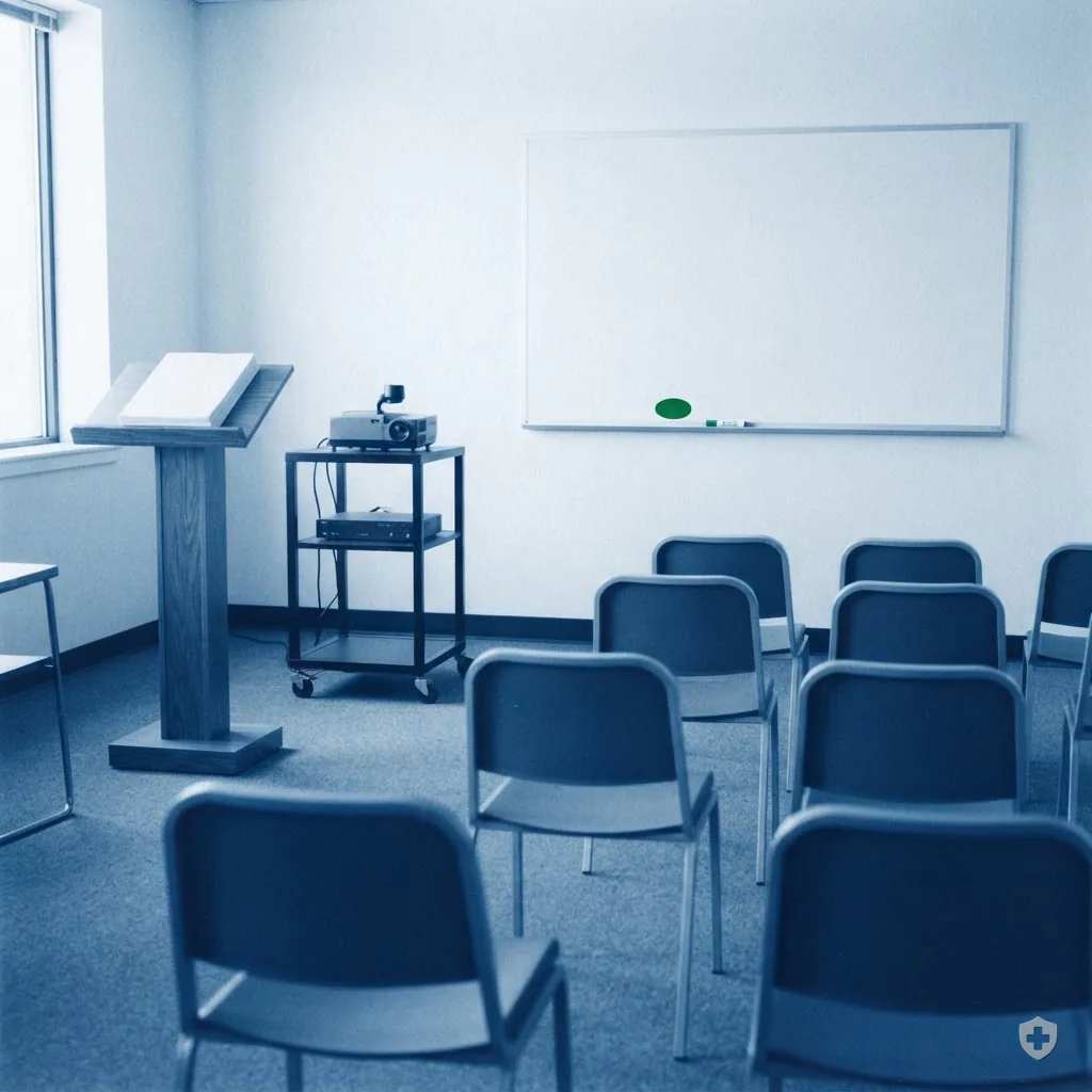 Cyanotype of a training room with empty chairs, a blank whiteboard and a stack of handouts
